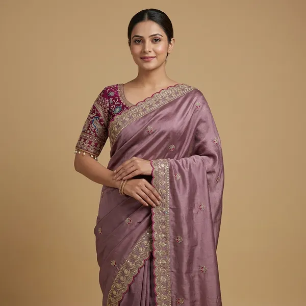 Light_Purple_Fancy_Fabric_Embroidered_Saree_With_Maroon_Blouse_For_Women