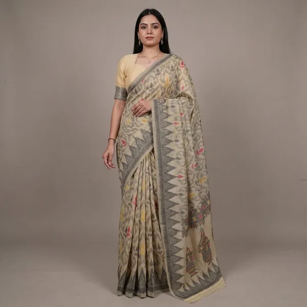Beige_Cotton_Ikat_Print_Woven_Border_Saree_For_Women