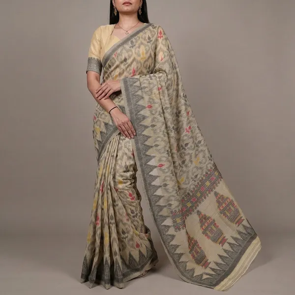 Beige_Cotton_Ikat_Print_Woven_Border_Saree_For_Women