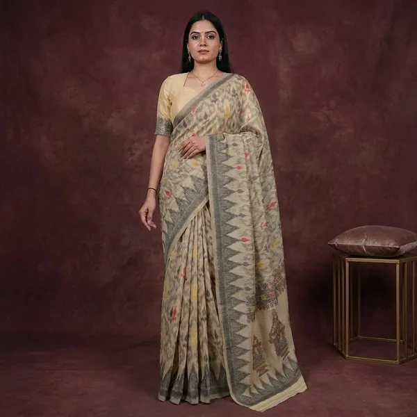 Beige_Cotton_Ikat_Print_Woven_Border_Saree_For_Women