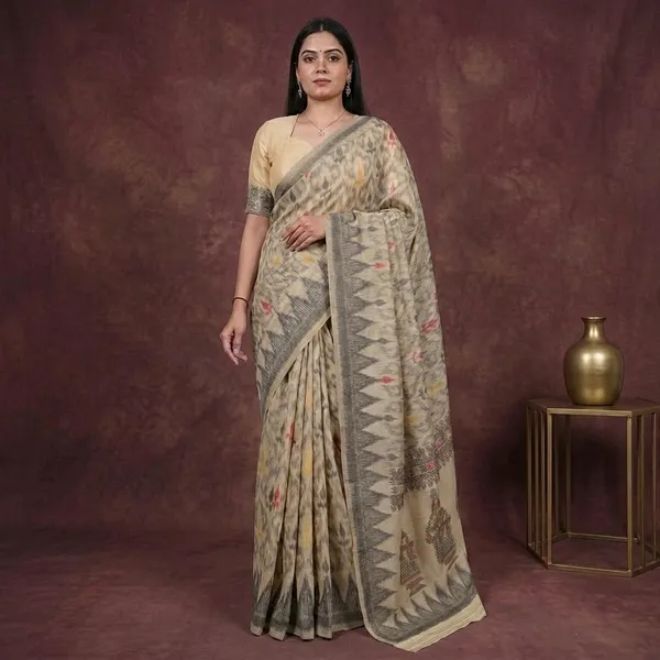 Beige_Cotton_Ikat_Print_Woven_Border_Saree_For_Women
