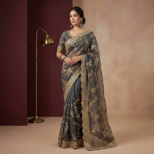 Grey_Organza_Silk_Embellished_Golden_Embroidery_Saree_For_Women
