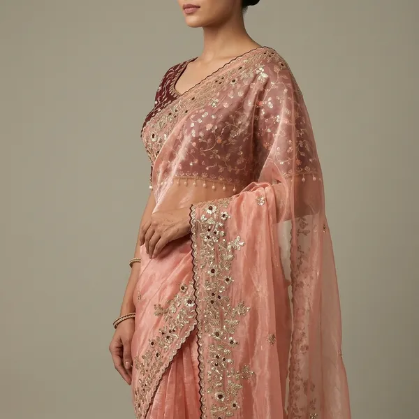 Peach_Zimu_Cu_Embroidered_Dupatta_With_Maroon_Floral_Saree_Set