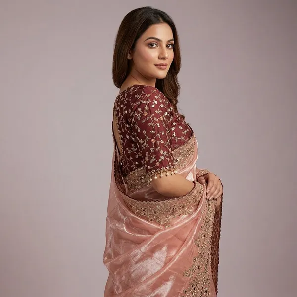 Peach_Zimu_Cu_Embroidered_Dupatta_With_Maroon_Floral_Saree_Set