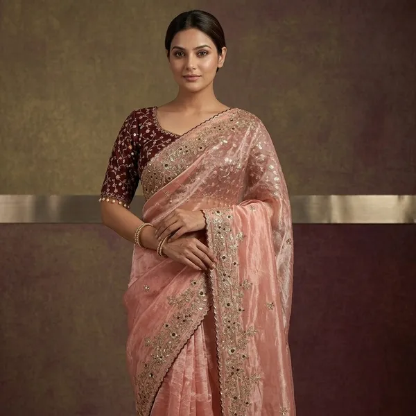 Peach_Zimu_Cu_Embroidered_Dupatta_With_Maroon_Floral_Saree_Set