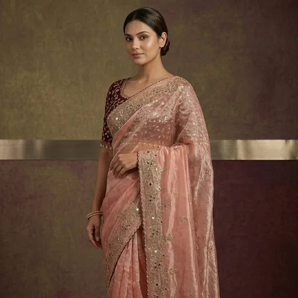 Peach_Zimu_Cu_Embroidered_Dupatta_With_Maroon_Floral_Saree_Set