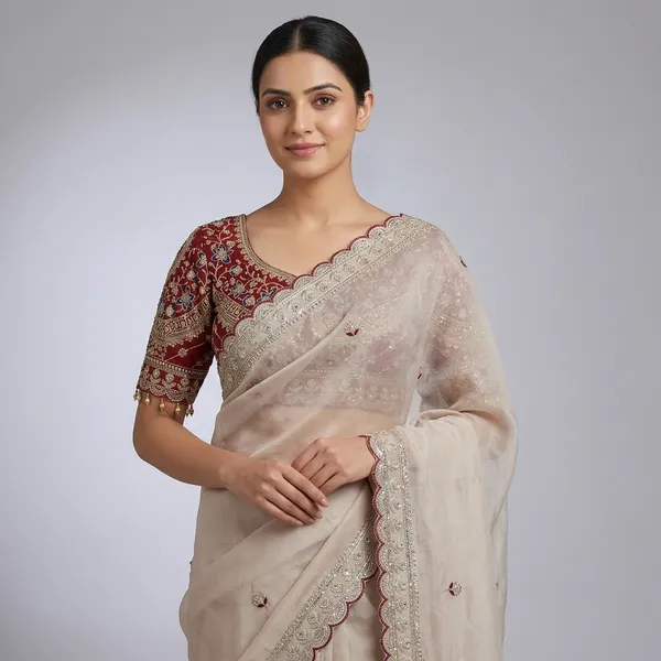 Off_White_Fancy_Fabric_Embroidered_Saree_With_Maroon_Blouse_For_Women