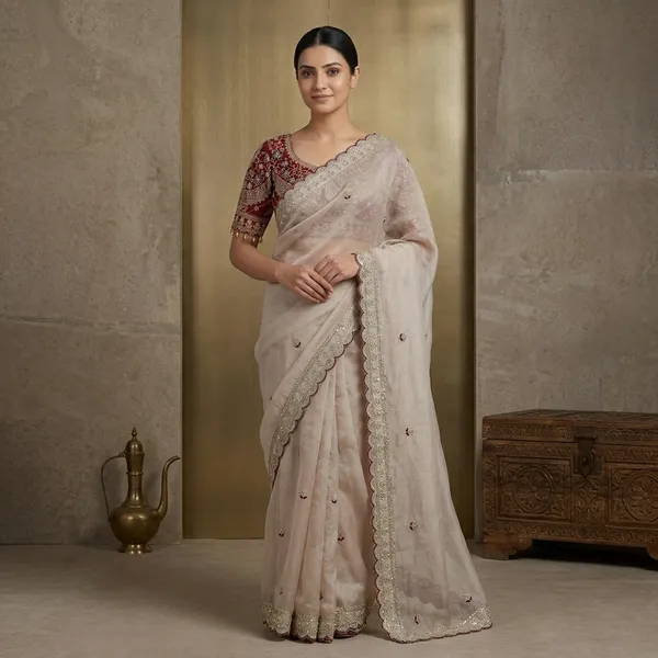 Off_White_Fancy_Fabric_Embroidered_Saree_With_Maroon_Blouse_For_Women