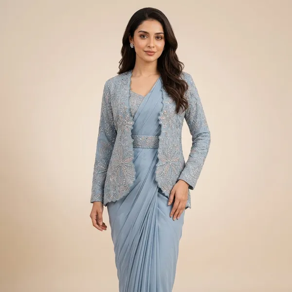 Blue_Heavy_Crepe_Embroidered_Pre-Draped_Saree_With_Jacket_For_Women