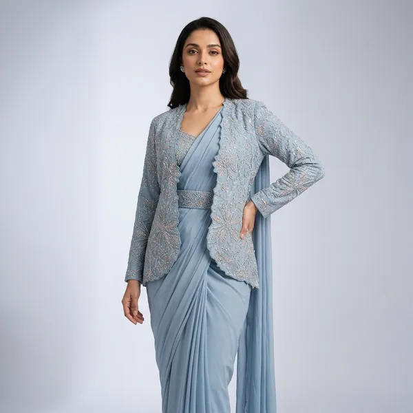 Blue_Heavy_Crepe_Embroidered_Pre-Draped_Saree_With_Jacket_For_Women