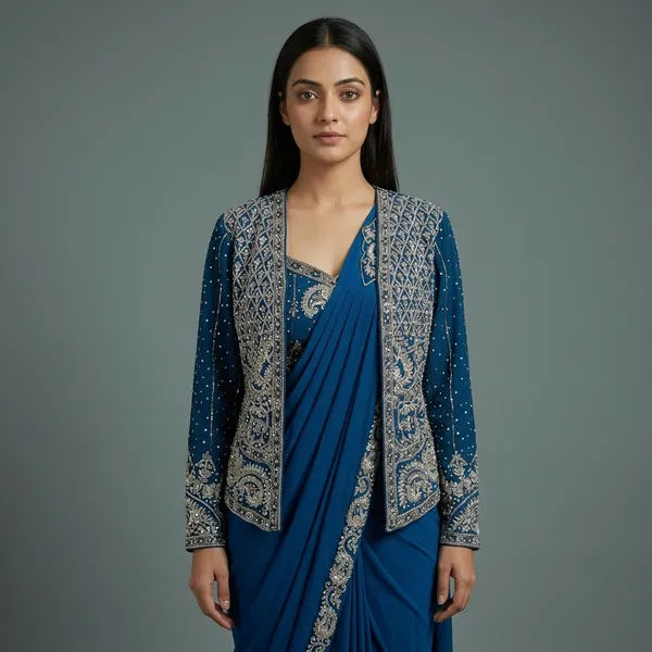 Blue_Heavy_Crepe_Pre-Draped_Saree_With_Embellished_Jacket_For_Women