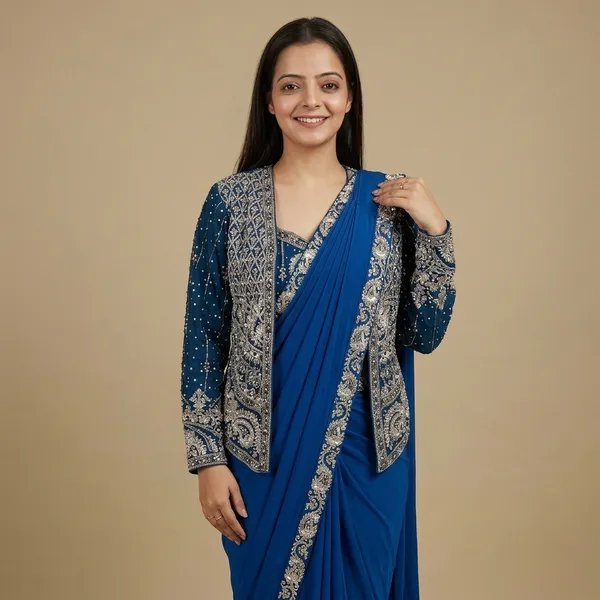 Blue_Heavy_Crepe_Pre-Draped_Saree_With_Embellished_Jacket_For_Women