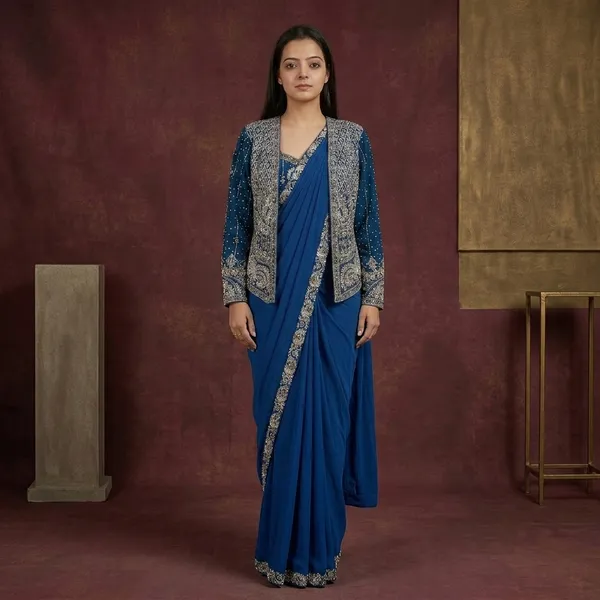 Blue_Heavy_Crepe_Pre-Draped_Saree_With_Embellished_Jacket_For_Women