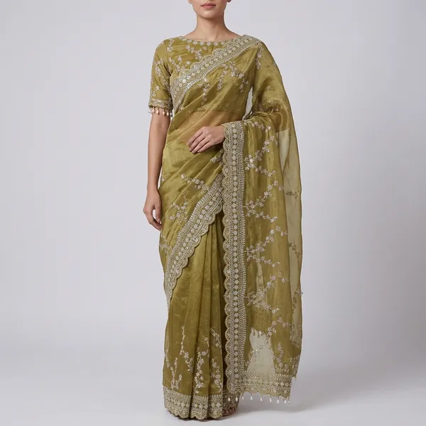 Olive_Green_Organza_Silk_Embroidered_Pearl_Detail_Saree_For_Women