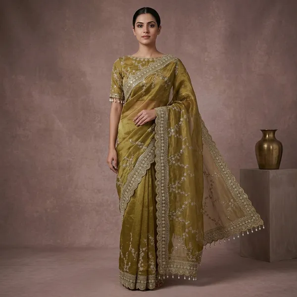 Olive_Green_Organza_Silk_Embroidered_Pearl_Detail_Saree_For_Women