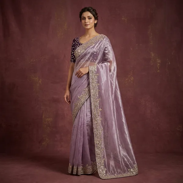 Lavender_Soft_Jimmi_Chu_Golden_Embroidered_Saree_With_Dupatta_And_Blouse_For_Women