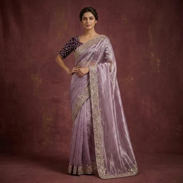 Lavender_Soft_Jimmi_Chu_Golden_Embroidered_Saree_With_Dupatta_And_Blouse_For_Women