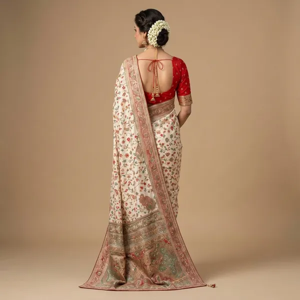 Ivory_Cotton_Floral_Print_Saree_With_Red_Blouse_For_Women