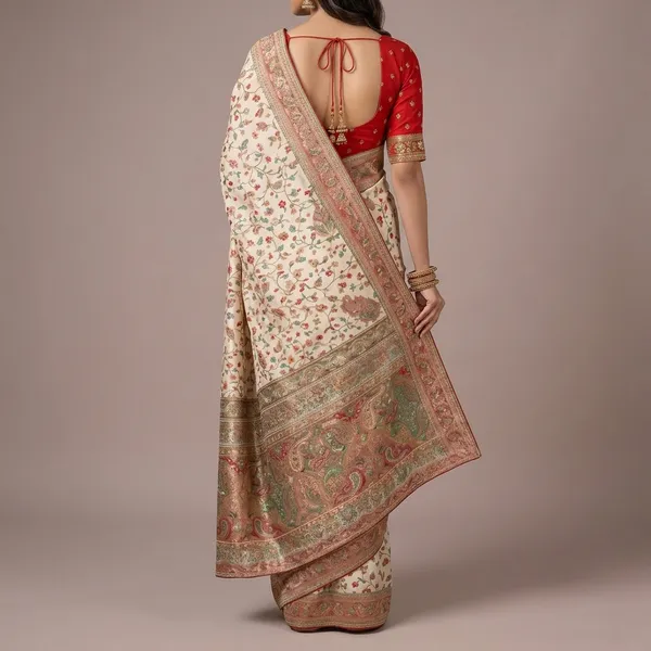 Ivory_Cotton_Floral_Print_Saree_With_Red_Blouse_For_Women