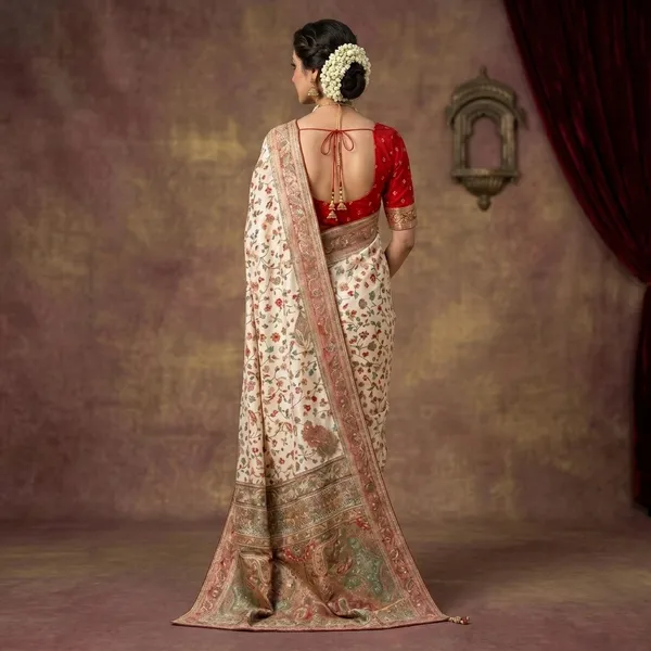 Ivory_Cotton_Floral_Print_Saree_With_Red_Blouse_For_Women