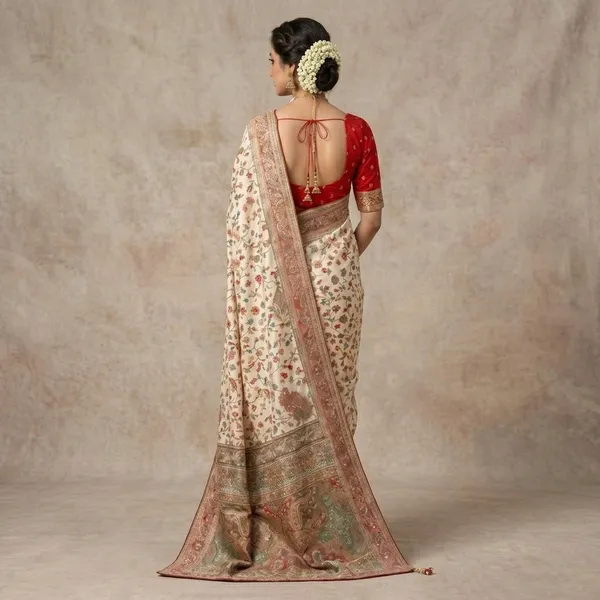 Ivory_Cotton_Floral_Print_Saree_With_Red_Blouse_For_Women