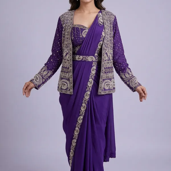 Purple_Heavy_Crepe_Silk_Embroidered_Drape_Saree_With_Jacket_For_Women