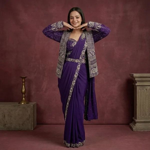 Purple_Heavy_Crepe_Silk_Embroidered_Drape_Saree_With_Jacket_For_Women