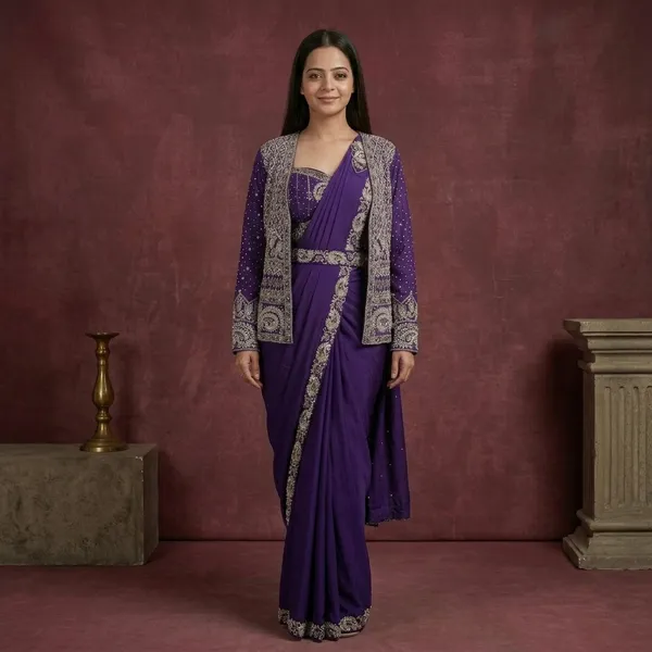 Purple_Heavy_Crepe_Silk_Embroidered_Drape_Saree_With_Jacket_For_Women