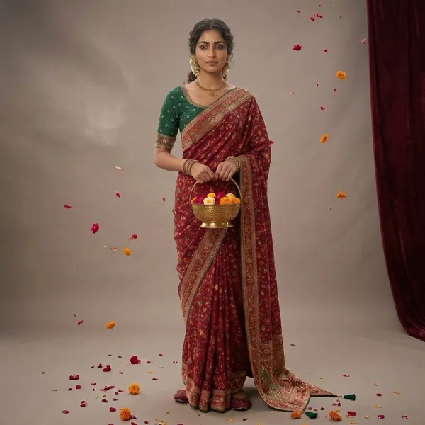 Maroon_Fancy_Fabric_Embroidered_Saree_With_Green_Blouse_For_Women