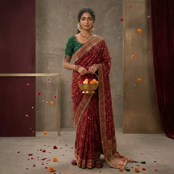 Maroon_Fancy_Fabric_Embroidered_Saree_With_Green_Blouse_For_Women