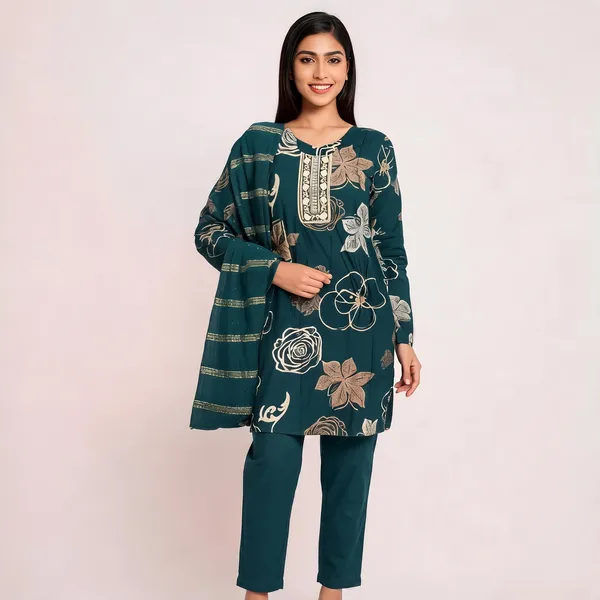 Dark_Green_Vatican_Floral_Print_Kurti_With_Top_Bottom_&_Dupatta_For_Women