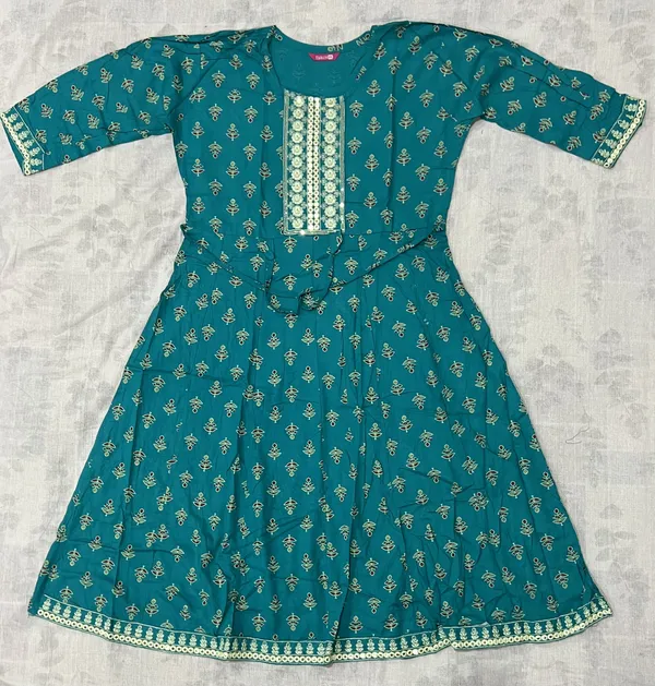 Teal_Rayon_Flared_Printed_Ghera_Kurti_For_Women