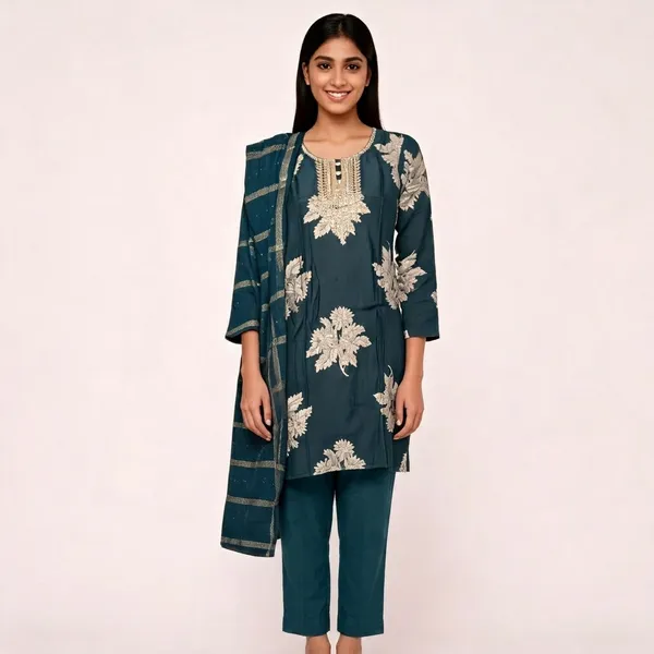 Bottle_Green_Vatican_Embroidered_Kurta_With_Top,_Bottom_&_Dupatta_For_Women