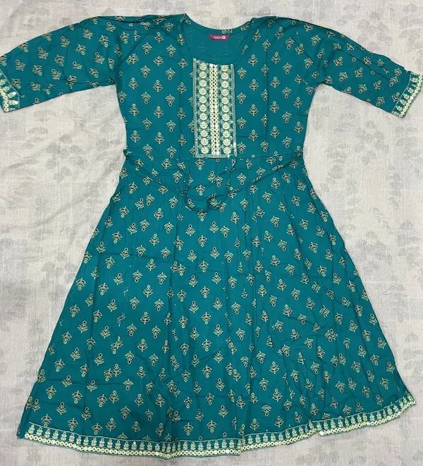 Teal_Rayon_Flared_Printed_Ghera_Kurti_For_Women