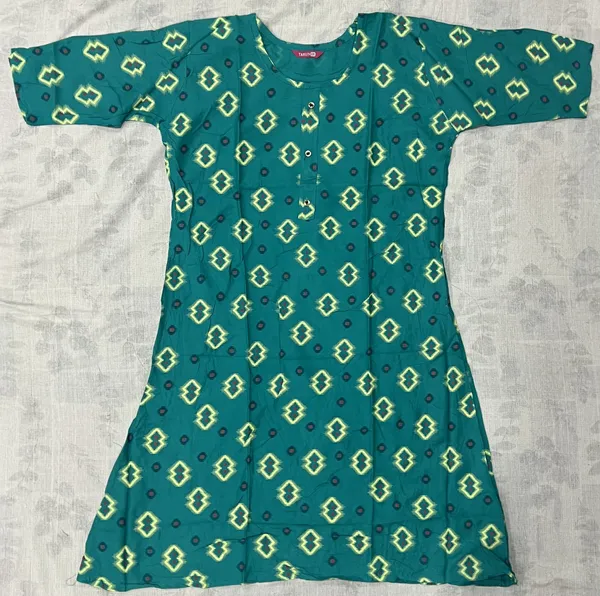 Teal_Rayon_Short_Sleeve_Printed_Ghera_Kurti_For_Women