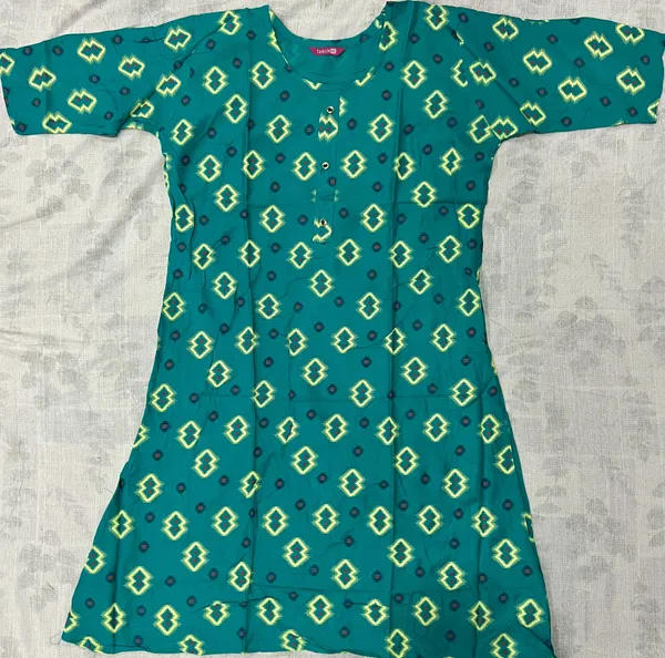 Teal_Rayon_Short_Sleeve_Printed_Ghera_Kurti_For_Women