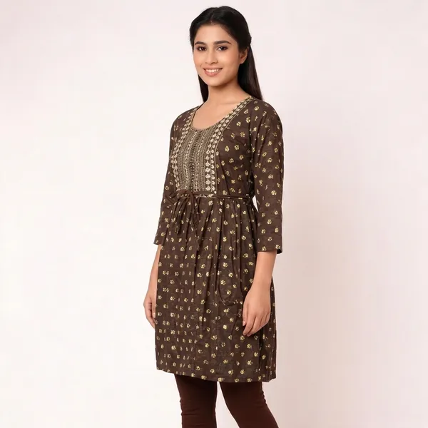 Dark_Brown_Rayon_Printed_Ethnic_Feeding_Kurti_For_Women