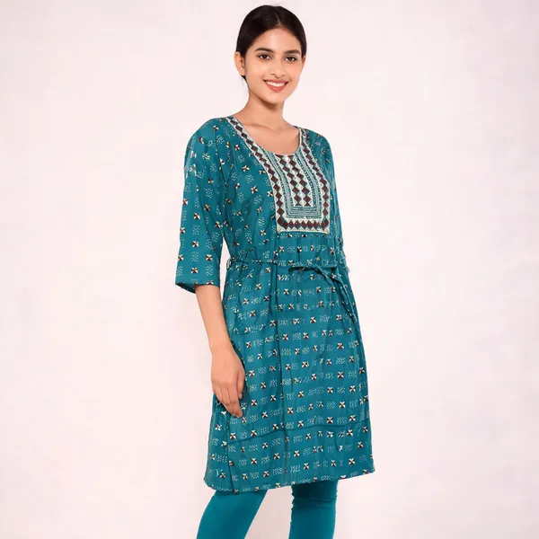 Teal_Rayon_Printed_Ethnic_Feeding_Kurti_For_Women