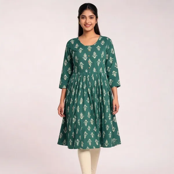 Green_Rayon_Two_Tone_Printed_Flared_Kurti_For_Women