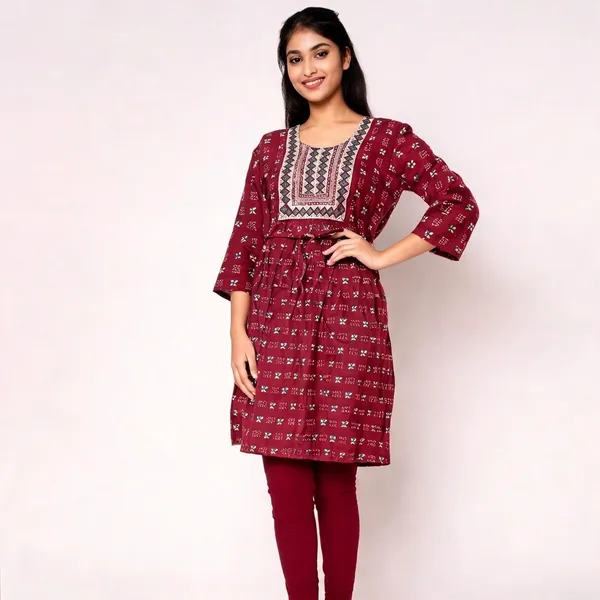 Maroon_Rayon_Flared_Printed_Frock_Kurti_For_Women