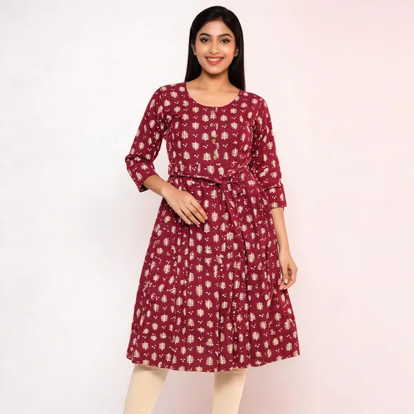 Maroon_Rayon_Flared_Two_Tone_Printed_Ghera_Kurti_For_Women