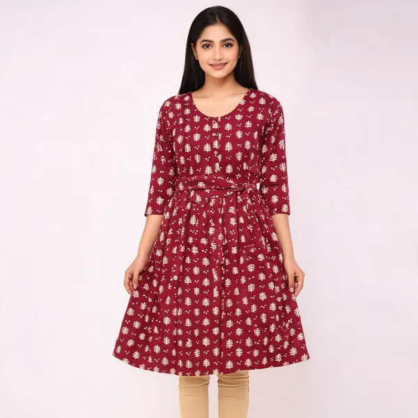 Maroon_Rayon_Flared_Two_Tone_Printed_Ghera_Kurti_For_Women