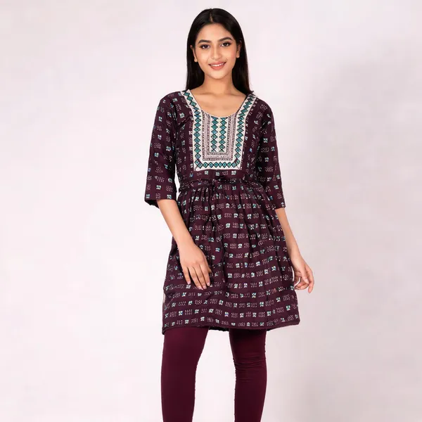 Maroon_Rayon_Flared_Printed_Kurti_For_Women