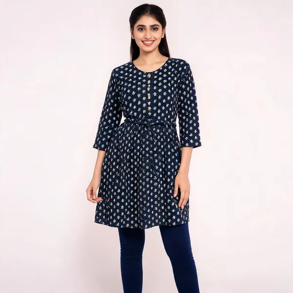 Navy_Rayon_Flared_Two_Tone_Printed_Ghera_Kurti_For_Women