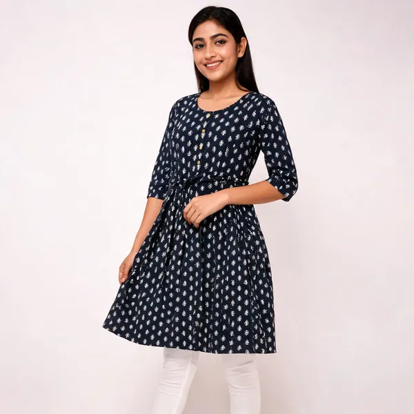 Navy_Rayon_Flared_Two_Tone_Printed_Ghera_Kurti_For_Women