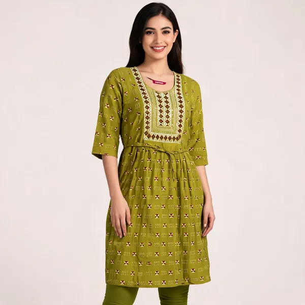 Olive_Green_Rayon_Flared_Printed_Kurti_For_Women
