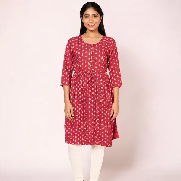 Deep_Red_Rayon_Flared_Two_Tone_Printed_Ghera_Kurti_For_Women