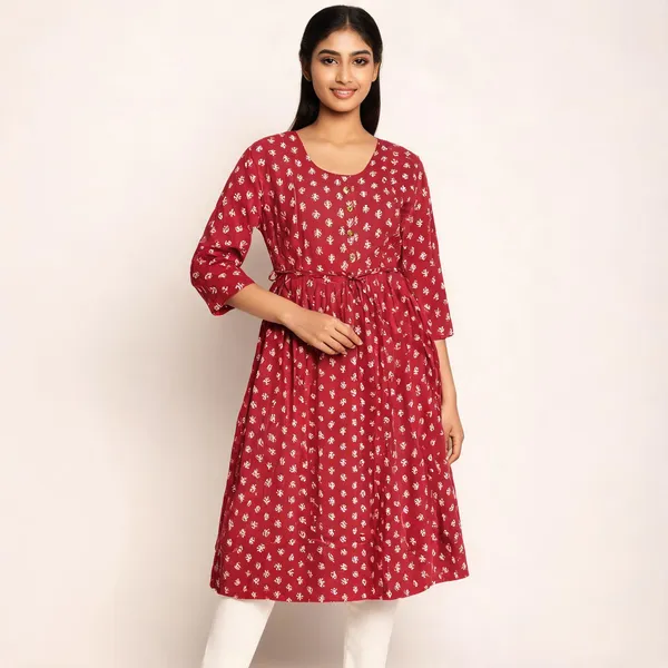 Deep_Red_Rayon_Flared_Two_Tone_Printed_Ghera_Kurti_For_Women
