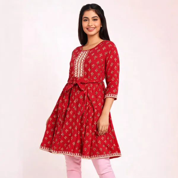 Red_Rayon_Flared_Printed_Ghera_Kurti_For_Women