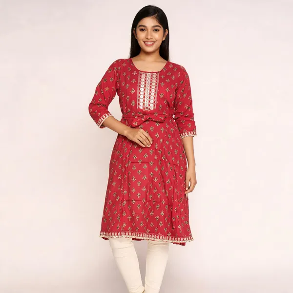 Red_Rayon_Flared_Printed_Ghera_Kurti_For_Women